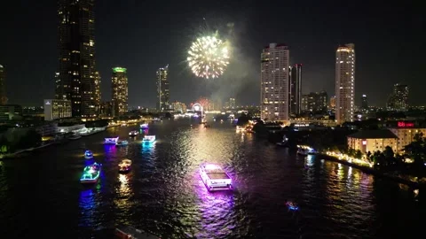Fireworks Display Over Chao Phraya River in Bangkok, Thailand Stock Footage 335587138