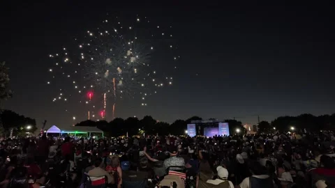 Fireworks display over large crowd at outdoor night event Stock-Footage 340941252