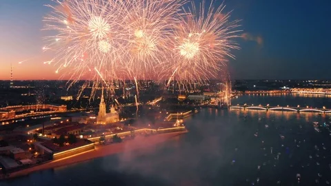 Fireworks display over river and night city skyline. Saint Petersburg, Russia 4K Stock Footage 115417064