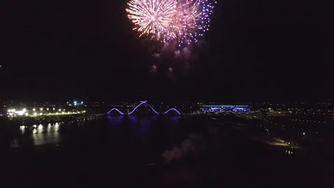 Fireworks display over river at night aerial footage 4k, Australia Stock Footage 106107645