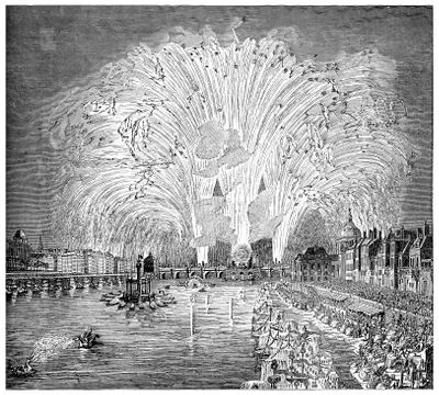 Fireworks display pulls on the River Seine, August 29, 1739, vintage engravin 스톡 일러스트