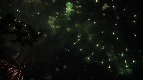 Fireworks display sequence in night sky aerial perspective with bright lights Stock Footage 344878659