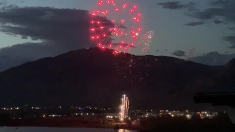 Fireworks, at dusk, illuminations over Kamloops, scenic, B.C. July 1, 4k Stock Footage 245309098