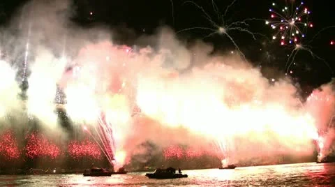 Fireworks exploading over the bridge Stock Footage 12424265