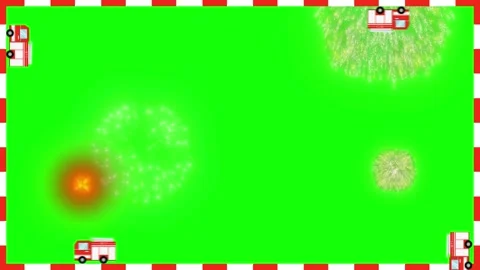 Fireworks explode above fire trucks on green screen background with colorful Stock Footage 340940808