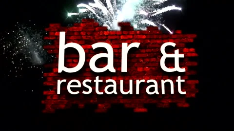 Fireworks explode behind bar, restaurant sign 2 Stock Footage 938091