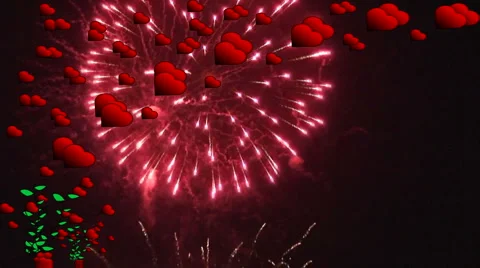 Fireworks explode behind high res red hearts 4 Stock-Footage 935791