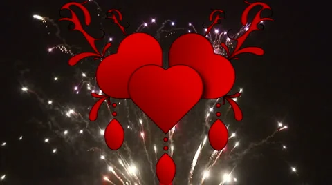 Fireworks explode behind high res red hearts 6 Video stock 935827