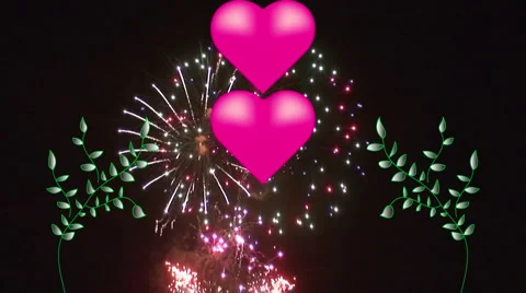 Fireworks explode behind high res pink hearts 2 Stock Footage 935980