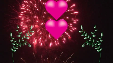 Fireworks explode behind high res pink hearts 3 Stock Footage 935989