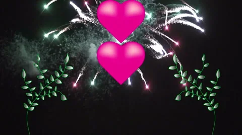 Fireworks explode behind high res pink hearts 5 Stock Footage 936007