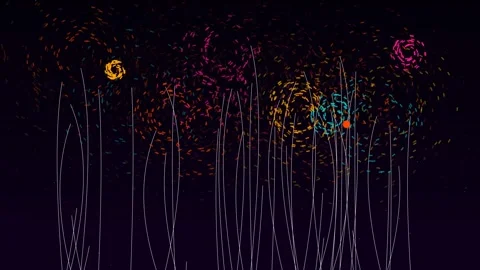 Fireworks explode in a colorful night sky over tall grass Stock Footage 345948020