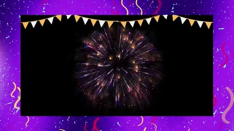 Fireworks explode in night sky with festive bunting Stock Footage 336591035