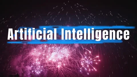 Fireworks explode in night sky with futuristic ai text overlay Stock Footage 337443784