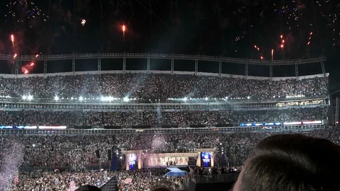 Fireworks explode over Investco Field as Senator Barack Obama accepts his 스톡 동영상 107478371