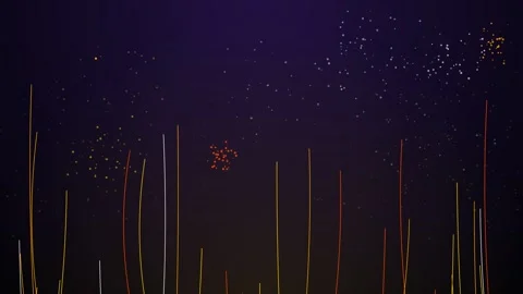 Fireworks exploding above glowing vertical lines against a dark background Stock Footage 345948036