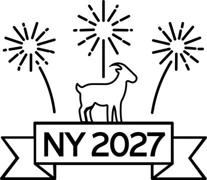 Fireworks exploding behind goat and NY 2027 ribbon Illustrazione stock