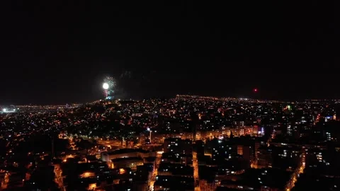 Fireworks exploding for celebration over the city at night, izmir-turkey Stock Footage 292562644