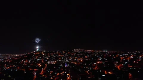 Fireworks exploding for celebration over the city at night, izmir-turkey Stock Footage 292562688