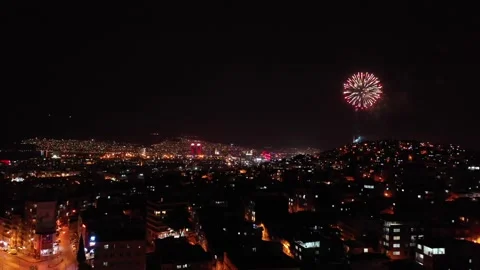 Fireworks exploding for celebration over the city at night, izmir-turkey Stock Footage 292562811