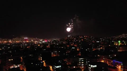 Fireworks exploding for celebration over the city at night, izmir-turkey Stock Footage 292562868