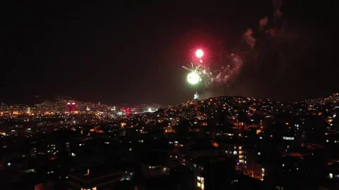 Fireworks exploding for celebration over the city at night, izmir-turkey Stock Footage 292562948