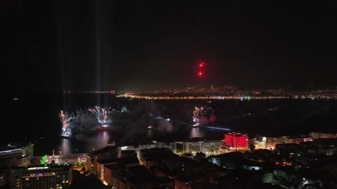 Fireworks exploding for celebration over the city at night, izmir-turkey Stock Footage 292885700