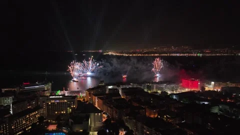 Fireworks exploding for celebration over the city at night, izmir-turkey Stock Footage 292886065