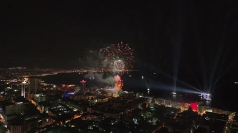Fireworks exploding for celebration over the city at night, izmir-turkey Stock Footage 292886400