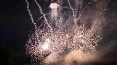 Fireworks exploding, creating a mesmerizing spectacle in the night sky Stock Photos
