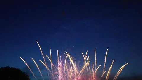 Fireworks exploding in the dark blue night sky Foto stock