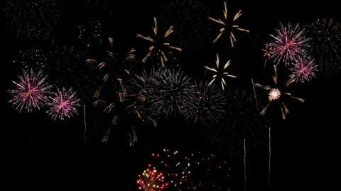 Fireworks exploding dark night sky, for celebrations. Sparkler celebration Stock Footage 333898250