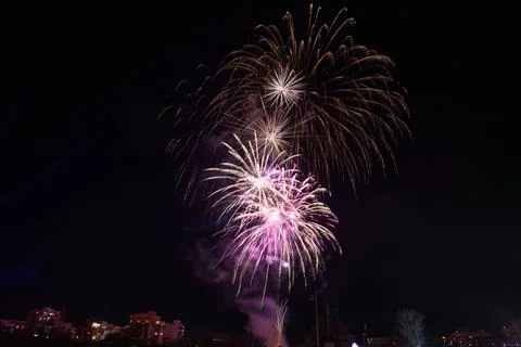 Fireworks exploding in the dark night sky during a celebration Stock Photos