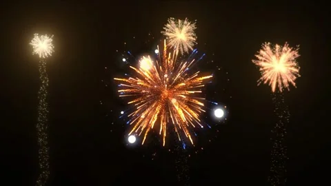 Fireworks exploding during nighttime celebration with tall streetlights in Видео 347115000