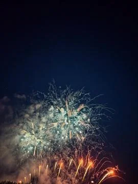 Fireworks exploding in night sky at 22 July in Cannes, France Fotos de archivo