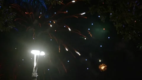 Fireworks exploding in night sky with glowing sparks Stockbeeldmateriaal 327769550