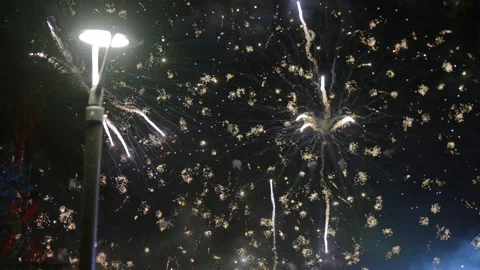 Fireworks exploding in night sky with glowing sparks Stock Footage 328017175