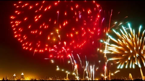 Fireworks Exploding in the Night Sky Over a City Skyline. A Spectacular Dis.. Stock Footage 287482470