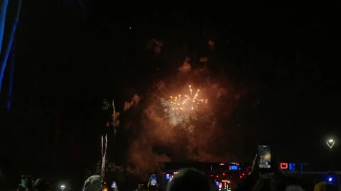 Fireworks exploding in night sky over city Miami January 1 2026 Stockbeeldmateriaal 327769519