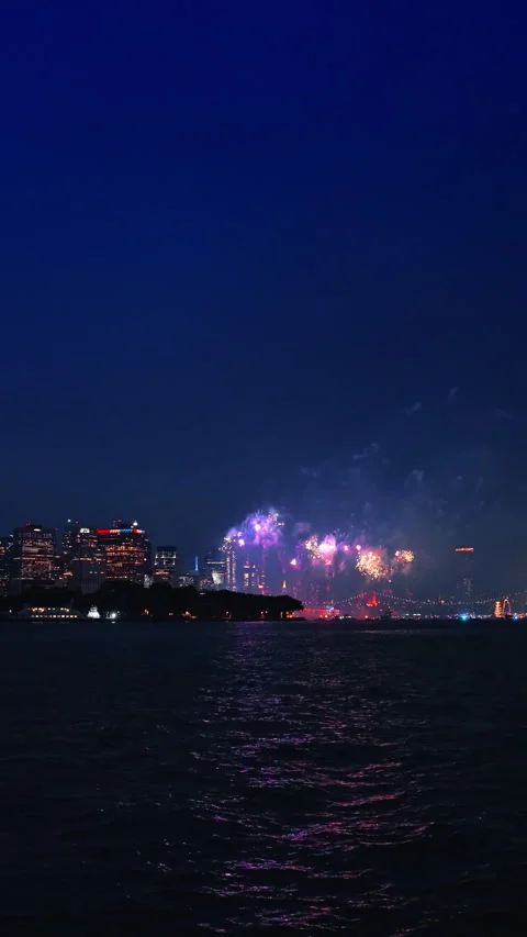 Fireworks exploding in the night sky over New York Harbor. White smoke and Stock Footage 346104052