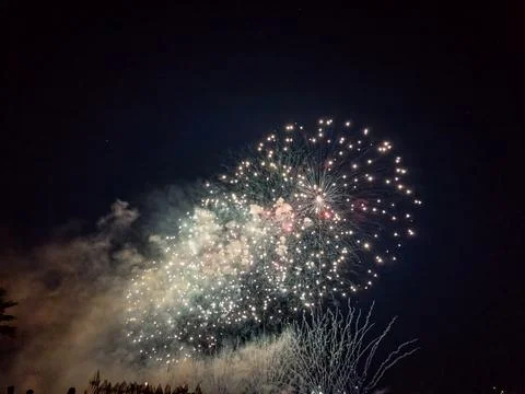 Fireworks exploding in night sky over Cannes France Foto stock