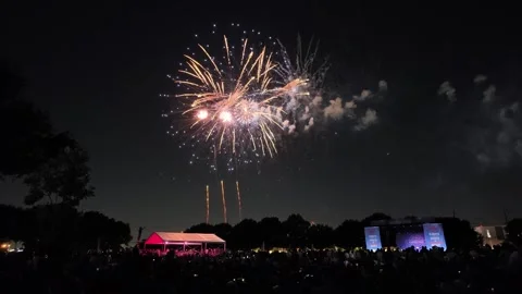 Fireworks exploding over crowd at outdoor night event 库存影片 340941456