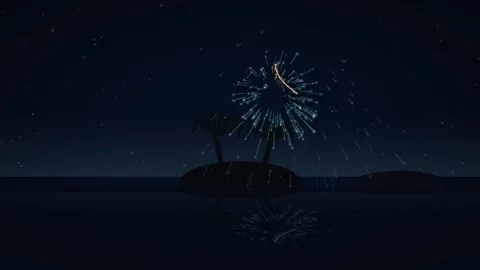 Fireworks Exploding Over Dark Ocean Landscape at Night Animation Stockbeeldmateriaal 347809303