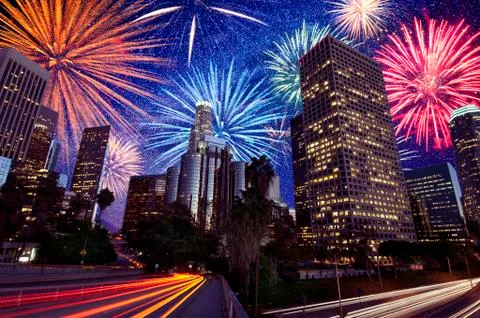 Fireworks exploding over downtown Los Angeles, California, United States 库存照片