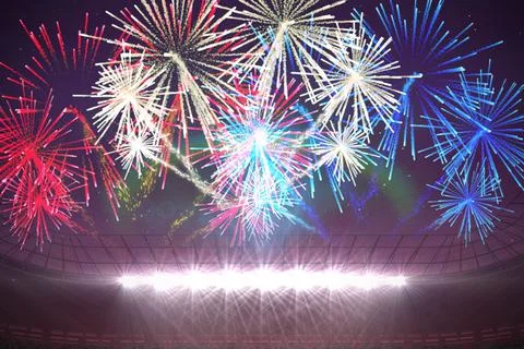 Fireworks exploding over football stadium Illustrazione stock