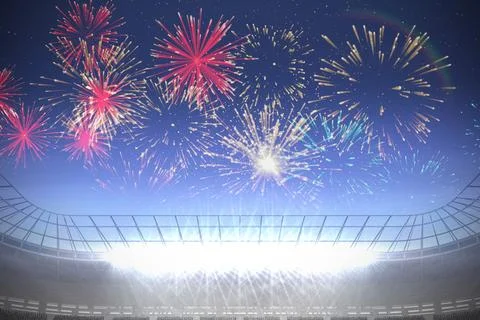 Fireworks exploding over football stadium Stock Illustration