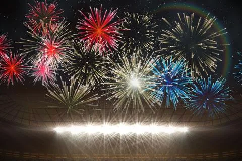 Fireworks exploding over football stadium Stock Illustration