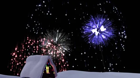 Fireworks exploding over house on winter landscape against black background Stock Footage 208831043