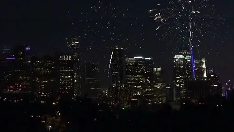 Fireworks exploding over the Los Angeles Skyline Video stock 109037753