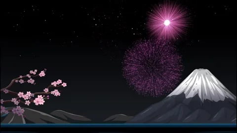 Fireworks Exploding Over Mount Fuji and Cherry Blossom Branches Stock Footage 329457332